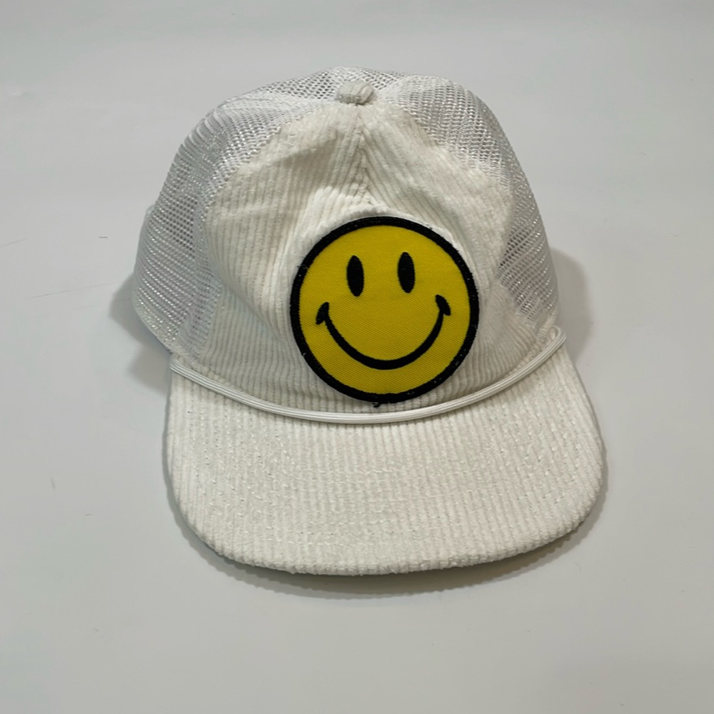 AVIATOR NATION WHITE CORDUROY SMILEY PATCH MESH TRUCKER HAT O/S EUC